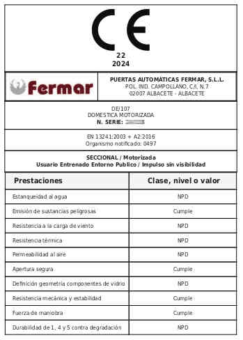 Placa Marcado CE para Puertas Automáticas Fermar